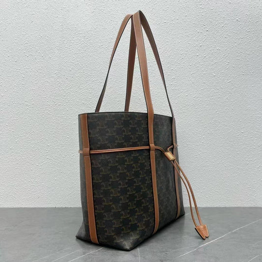 Celine Cabas Drawstring Bag Triomphe Black Brown Canvas & Calfskin