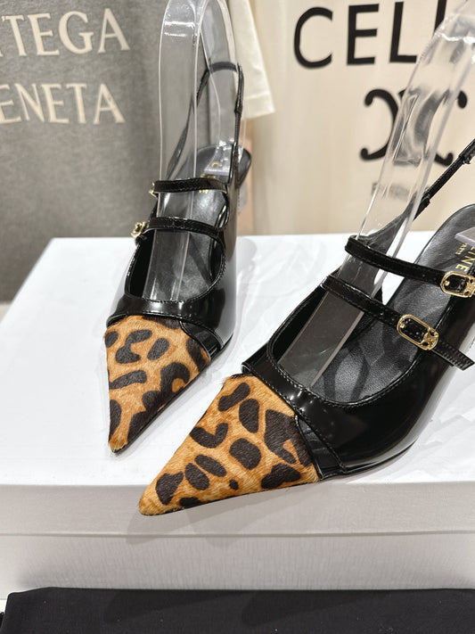 Celine 25C Judy Double Strap Mary Jane Slingback Black mix Brown Sheepskin 236777