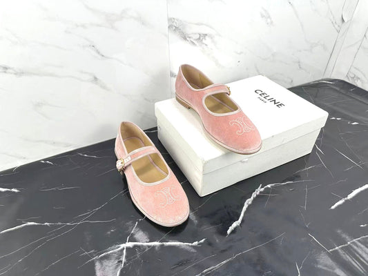 Celine 25 Eve Triomphe Ballet Flat Pink Velvet 547724
