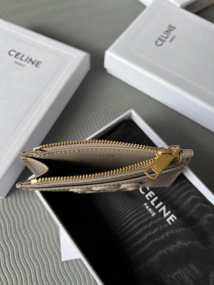 TRIOMPHE Zipped Card Holder Modern Taupe Cowhide Leather