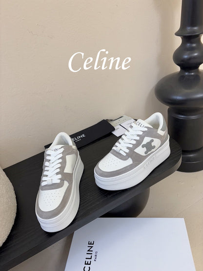 Celine Block Wedge Sneaker White Grey Suede Calfskin 606414