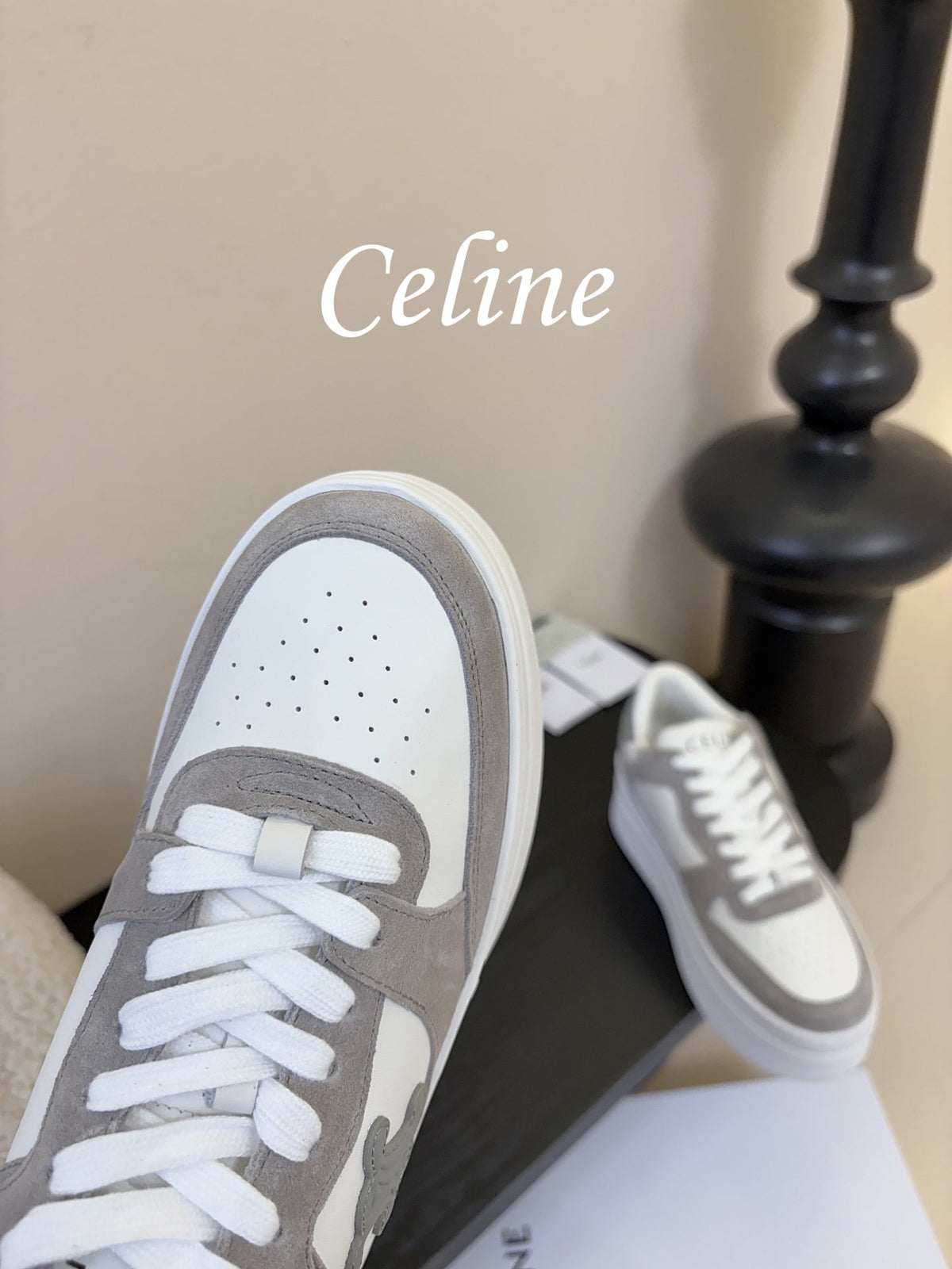 Celine Block Wedge Sneaker White Grey Suede Calfskin 606414