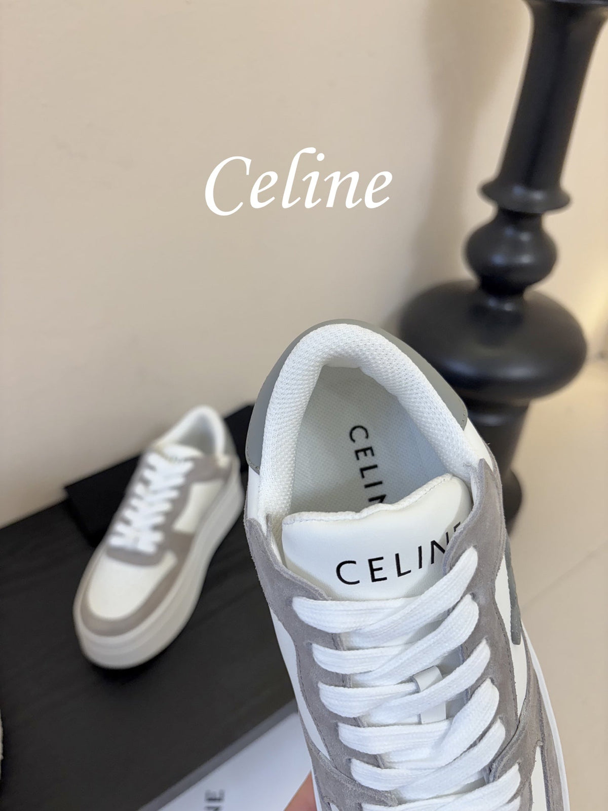Celine Block Wedge Sneaker White Grey Suede Calfskin 606414