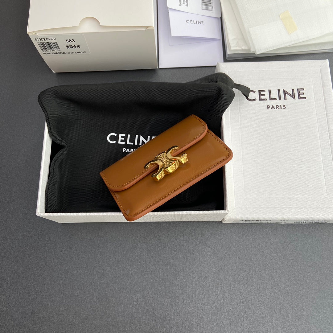 TRIOMPHE 10i583 Flap Card Holder Tan Shiny Cowhide